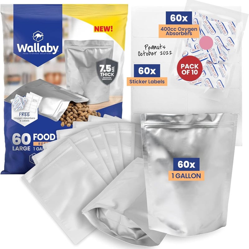 Wallaby 60 Count 1-Gallon Gusset Mylar Bags with 400cc Oxygen Absorbers, 15 Mil Total Thicker Long-Term Food Storage Pouches, 10x14 Stand-Up Resealable Heat-Sealable Airtight Packaging - Silver - Image 1