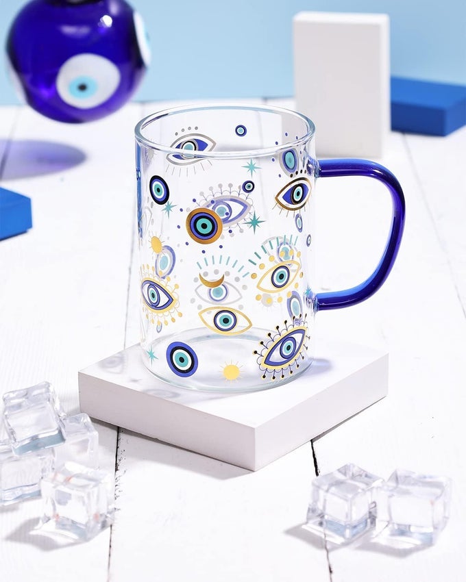 EVIL EYE GLASS COFFEE CUP WITH HANDLE 16OZ GLASS CAN FOR HOTCOLD BEVERAGES CAPPUCCINO LATTE ESPRESSO BEER HAMSA BLUE EVIL EYE FOR PROTECTION TUMBLER MUG HEATRESISTANT AND FREEZER SAFE