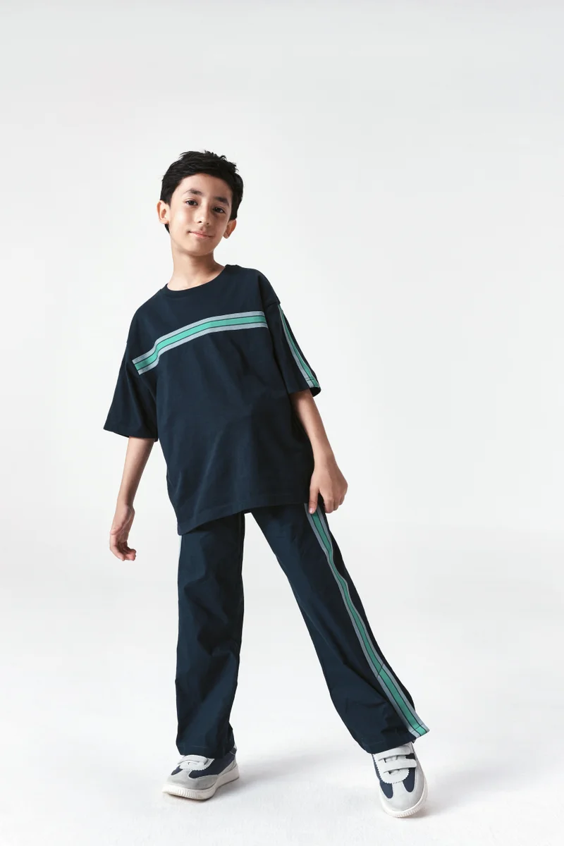 رير ونز Rare Ones Kids Taper-B Navy Tape Detailed Button And Zip Closure Regular Fit Cotton Trouser
