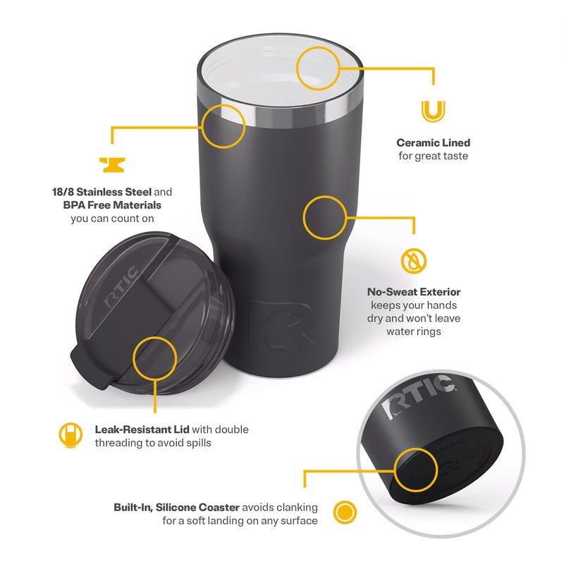 RTIC 20oz Essential Tumbler with Lid, Ceramic Lined, Insulated, Stainless Steel, Metal, Double Wall Vacuum-Insulation, Travel Cup for Iced Coffee, Tea, Hot and Cold Drink, Graphite - Image 4