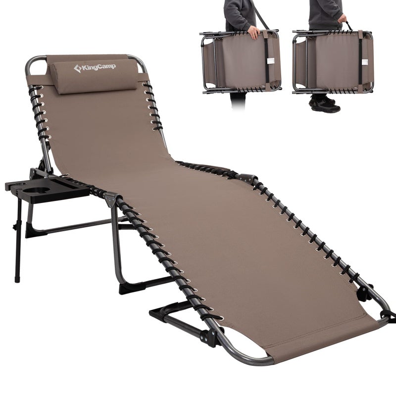 KingCamp Folding Chaise Lounge Chair for Outside Beach Sunbathing Patio Pool Lawn Deck Lay Flat Camping Reclining Lounge Chair with Pillow Side Table 1 Pack Beige