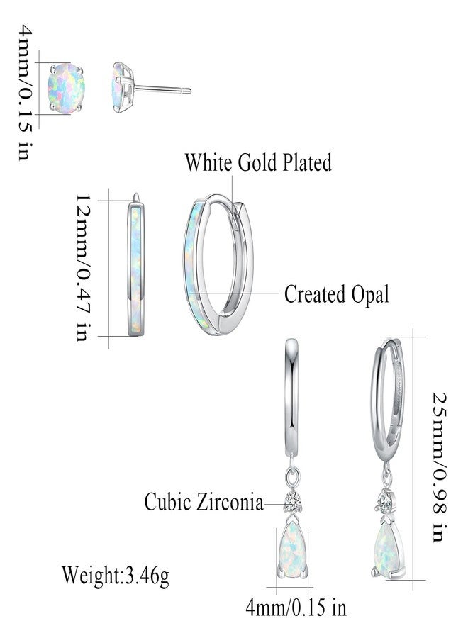 CiNily Opal Earrings Set for Women Hypoallergenic, Opal Stud Huggie Hoop Earrings for Teens 14K White Gold Plated Dainty Hoop Huggie Dangle Earring Stacks, Birthstone Jewelry for Women - Image 5