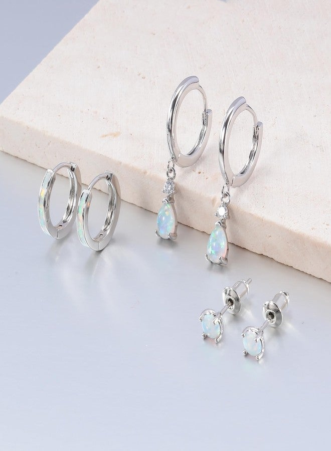 CiNily Opal Earrings Set for Women Hypoallergenic, Opal Stud Huggie Hoop Earrings for Teens 14K White Gold Plated Dainty Hoop Huggie Dangle Earring Stacks, Birthstone Jewelry for Women - Image 4