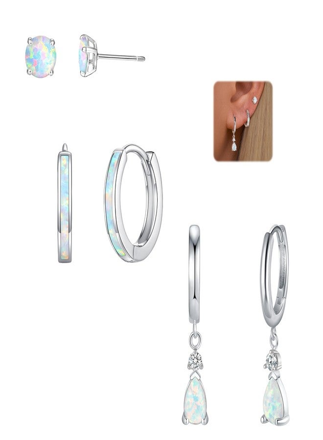 CiNily Opal Earrings Set for Women Hypoallergenic, Opal Stud Huggie Hoop Earrings for Teens 14K White Gold Plated Dainty Hoop Huggie Dangle Earring Stacks, Birthstone Jewelry for Women - Image 1