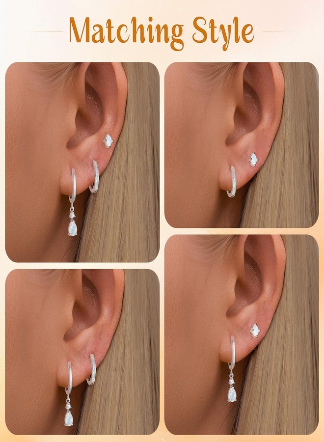 CiNily Opal Earrings Set for Women Hypoallergenic, Opal Stud Huggie Hoop Earrings for Teens 14K White Gold Plated Dainty Hoop Huggie Dangle Earring Stacks, Birthstone Jewelry for Women - Image 2