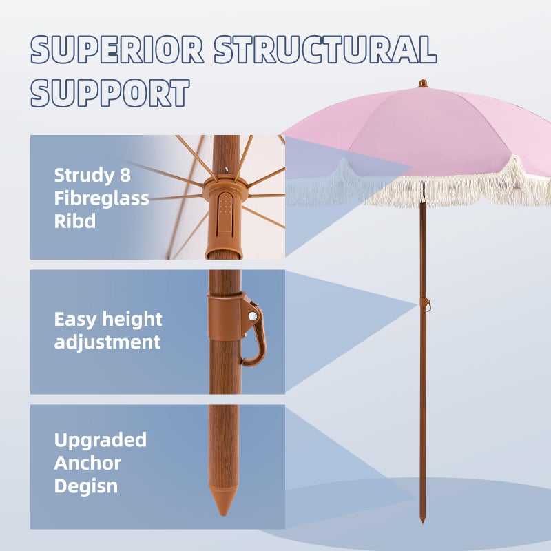 Aoxun 7ft Patio Umbrella with Fringe,Outdoor Beach Umbrella with Aluminum Pole, Ribs Push Button Tilt and Carry Bag, UV 50+ Picnic Tassel Umbrella(Pink) - Image 3