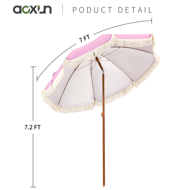 Aoxun 7ft Patio Umbrella with Fringe,Outdoor Beach Umbrella with Aluminum Pole, Ribs Push Button Tilt and Carry Bag, UV 50+ Picnic Tassel Umbrella(Pink) - Image 5