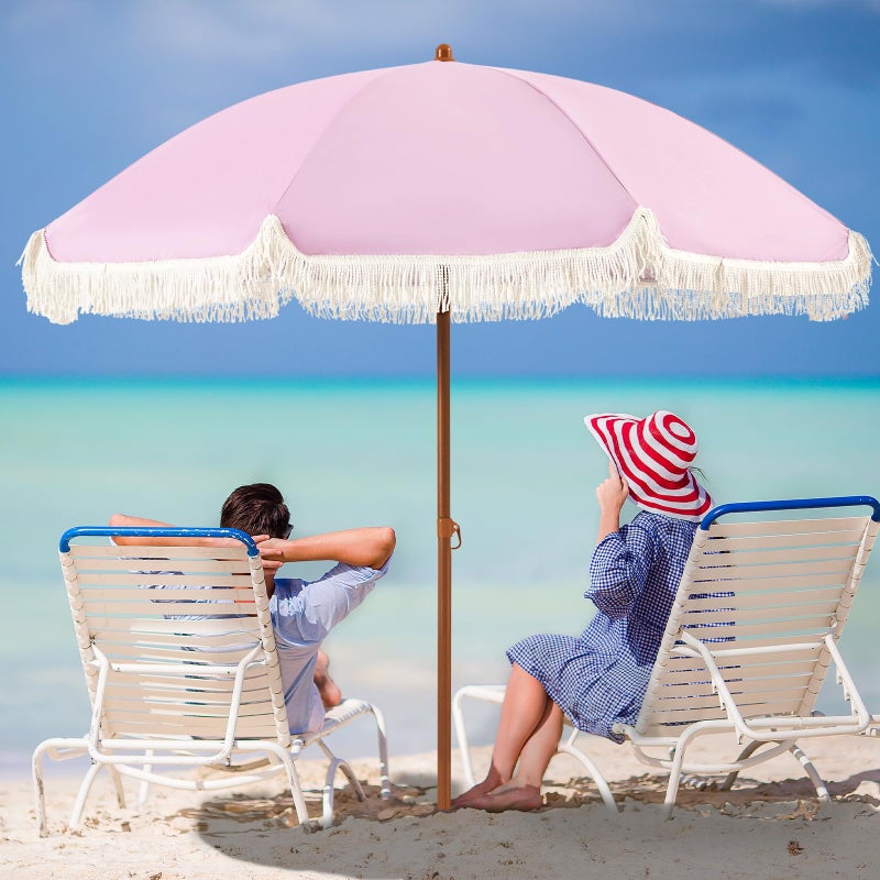Aoxun 7ft Patio Umbrella with Fringe,Outdoor Beach Umbrella with Aluminum Pole, Ribs Push Button Tilt and Carry Bag, UV 50+ Picnic Tassel Umbrella(Pink) - Image 1