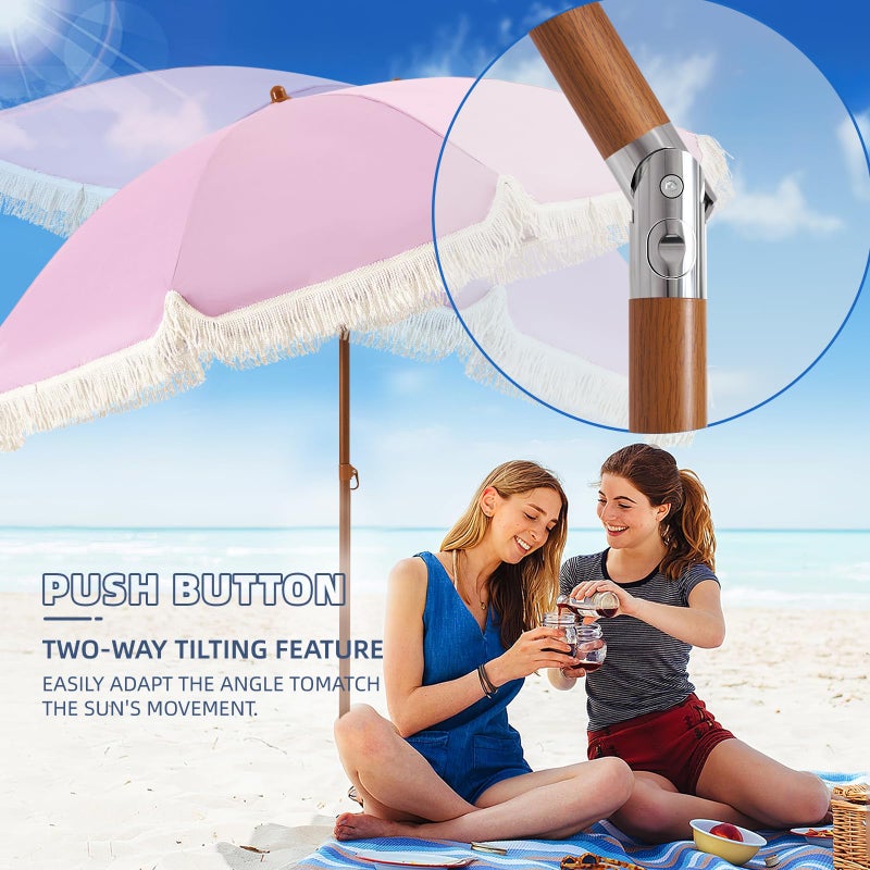 Aoxun 7ft Patio Umbrella with Fringe,Outdoor Beach Umbrella with Aluminum Pole, Ribs Push Button Tilt and Carry Bag, UV 50+ Picnic Tassel Umbrella(Pink) - Image 4