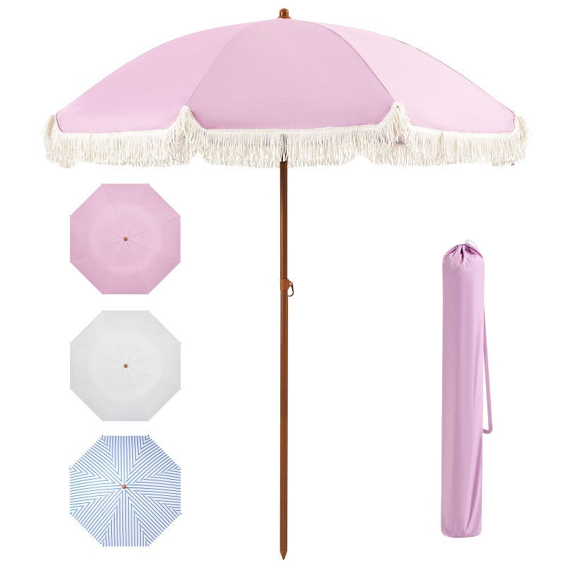 Aoxun 7ft Patio Umbrella with Fringe,Outdoor Beach Umbrella with Aluminum Pole, Ribs Push Button Tilt and Carry Bag, UV 50+ Picnic Tassel Umbrella(Pink) - Image 2