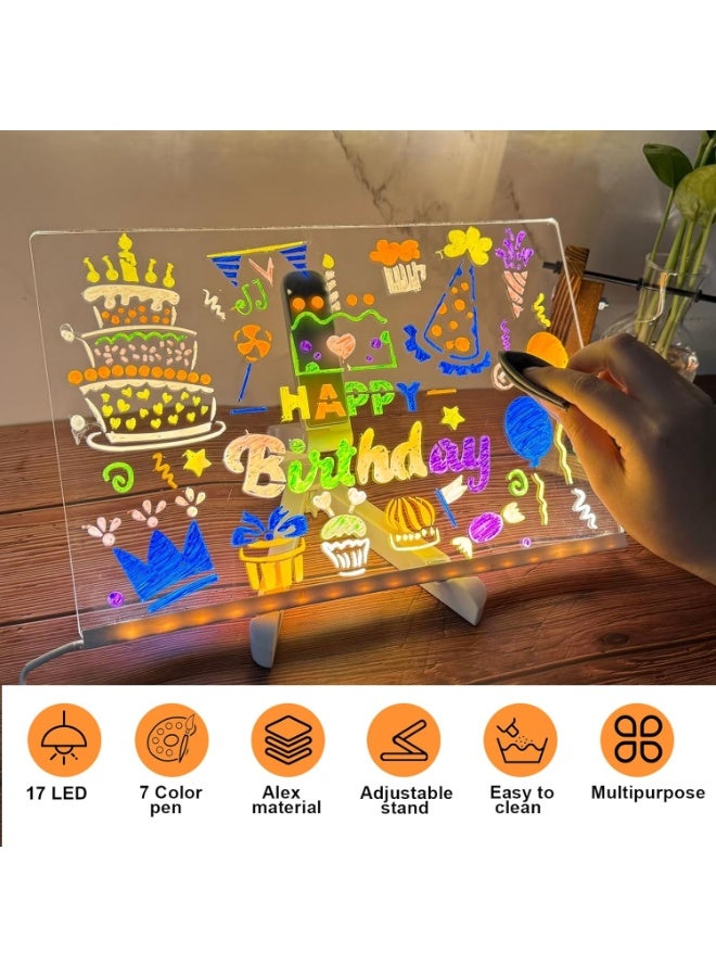 LED Acrylic Message Board with 7 Color Pens – Multi-Function Night Light, Erasable Desktop Note Board for Home, Office & School