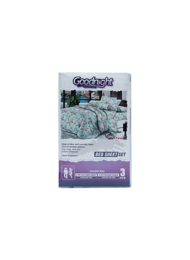 GOODNIGHT 3 Piece Luxury Bed Sheet Set with 1 Flat Sheet and 2 Pillowcases Crafted from Ultra Soft and Breathable Cotton and Polyester blend, Size 210 x 240 Cm 