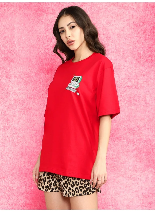 جونبيري JUNEBERRY® Pure Cotton Oversized Baggy Fit Drop Shoulder Graphic Printed Round Neck T-Shirt for Women (OS_100_JBGMO_RD_XXL)