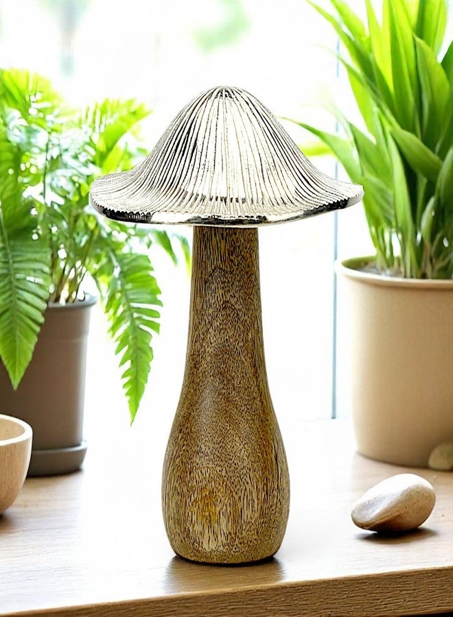 Hind Decor تحفة فنية عصرية من هند ديكور على شكل فطر - سطح من الألومنيوم وقاعدة خشبية، ارتفاع 19 سم | قطعة فنية فاخرة لتزيين سطح الطاولة، مناسبة لغرفة المعيشة والمكتب والمنزل - Image 2