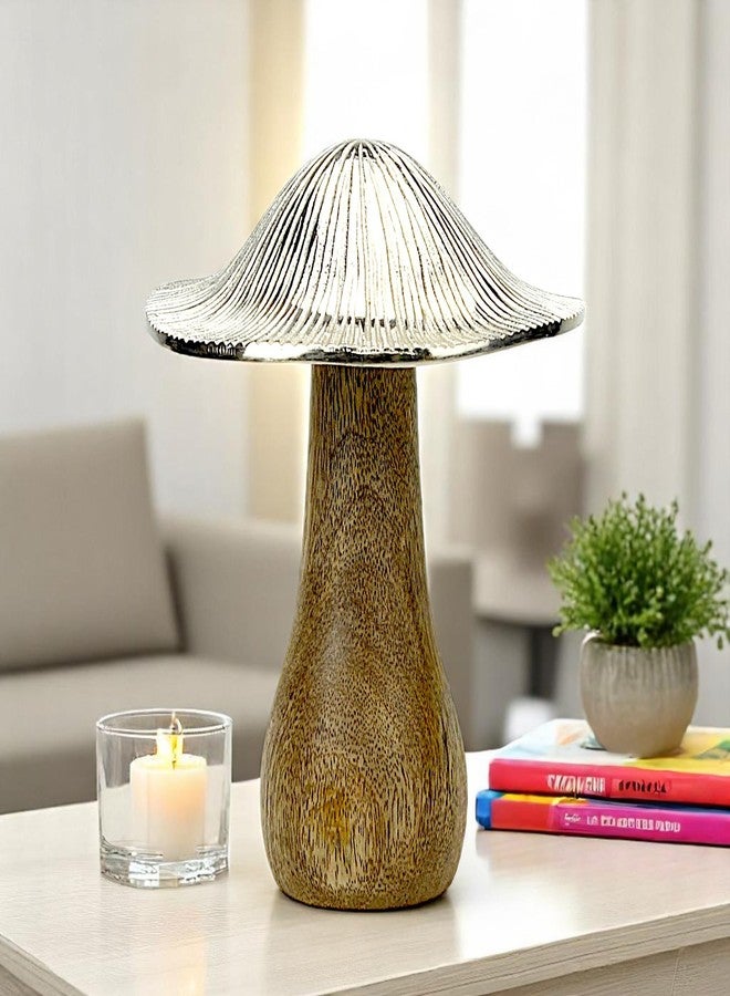 Hind Decor تحفة فنية عصرية من هند ديكور على شكل فطر - سطح من الألومنيوم وقاعدة خشبية، ارتفاع 19 سم | قطعة فنية فاخرة لتزيين سطح الطاولة، مناسبة لغرفة المعيشة والمكتب والمنزل - Image 4