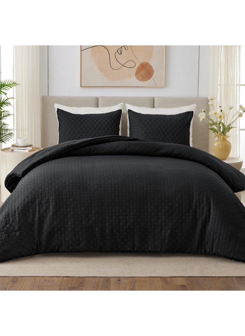 Whale Flotilla Whale Flotilla 3-Piece Jacquard Checkerd Ultra Soft Queen Comforter Set  Luxury Reversible Microfiber Comforters Full Size Bedding Set with 2 Pillowcases  Lightweight Duvet for All Seasons  Black  - Image 2