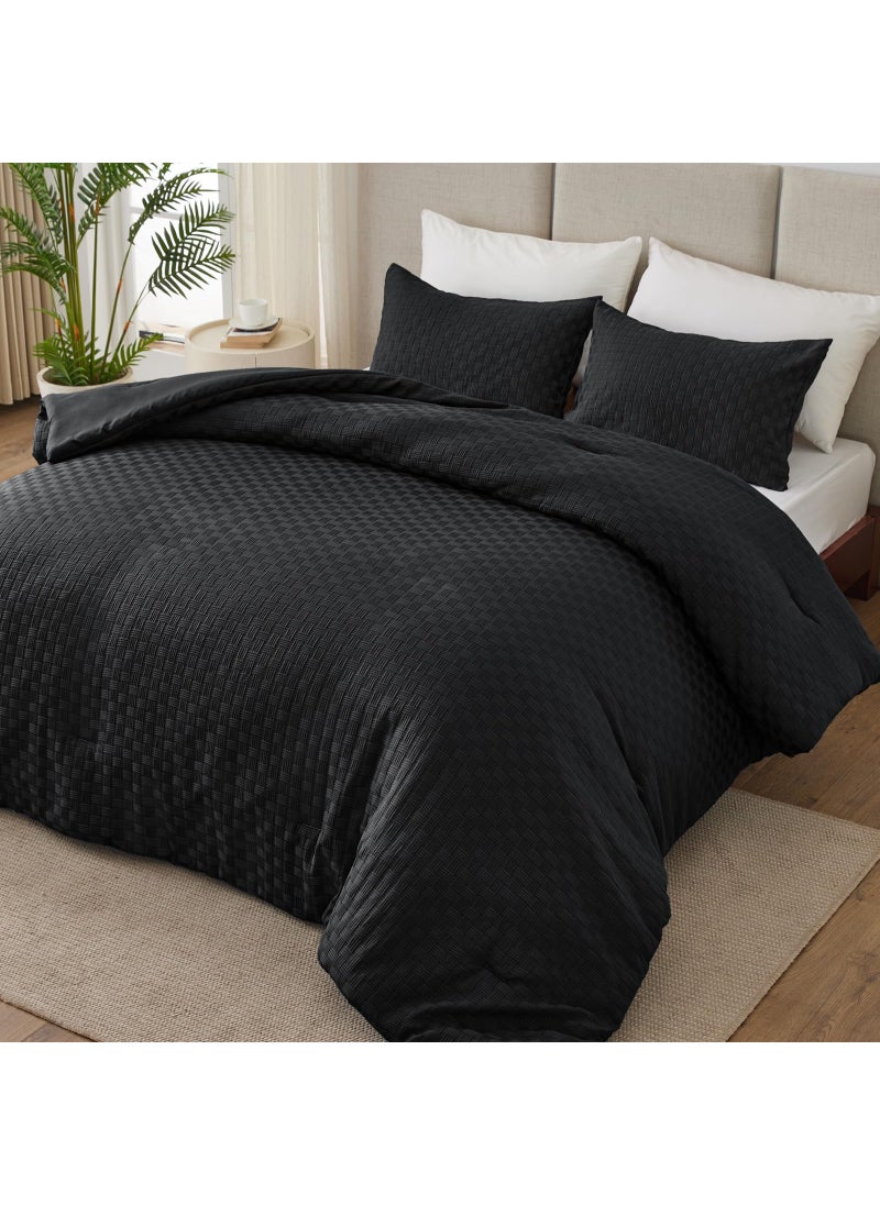 Whale Flotilla Whale Flotilla 3-Piece Jacquard Checkerd Ultra Soft Queen Comforter Set  Luxury Reversible Microfiber Comforters Full Size Bedding Set with 2 Pillowcases  Lightweight Duvet for All Seasons  Black  - Image 1