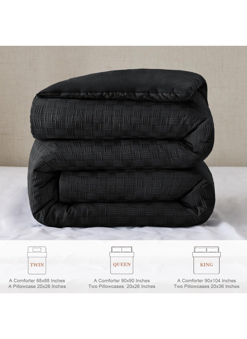 Whale Flotilla Whale Flotilla 3-Piece Jacquard Checkerd Ultra Soft Queen Comforter Set  Luxury Reversible Microfiber Comforters Full Size Bedding Set with 2 Pillowcases  Lightweight Duvet for All Seasons  Black  - Image 5