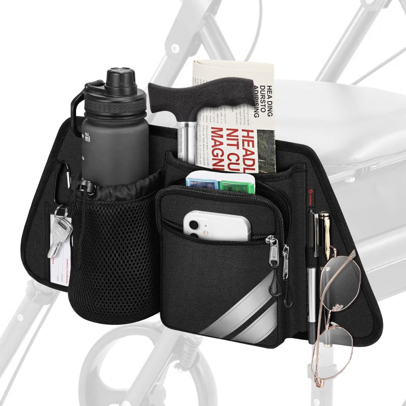 FINPAC Rollator Side Storage Bag with Cup Holder for Bariatric Walkers Wheelchairs Rollator Attachment Organizer with Phones Pens Eyeglasses Folding Cane Pouch for Seniors and Elderly Black