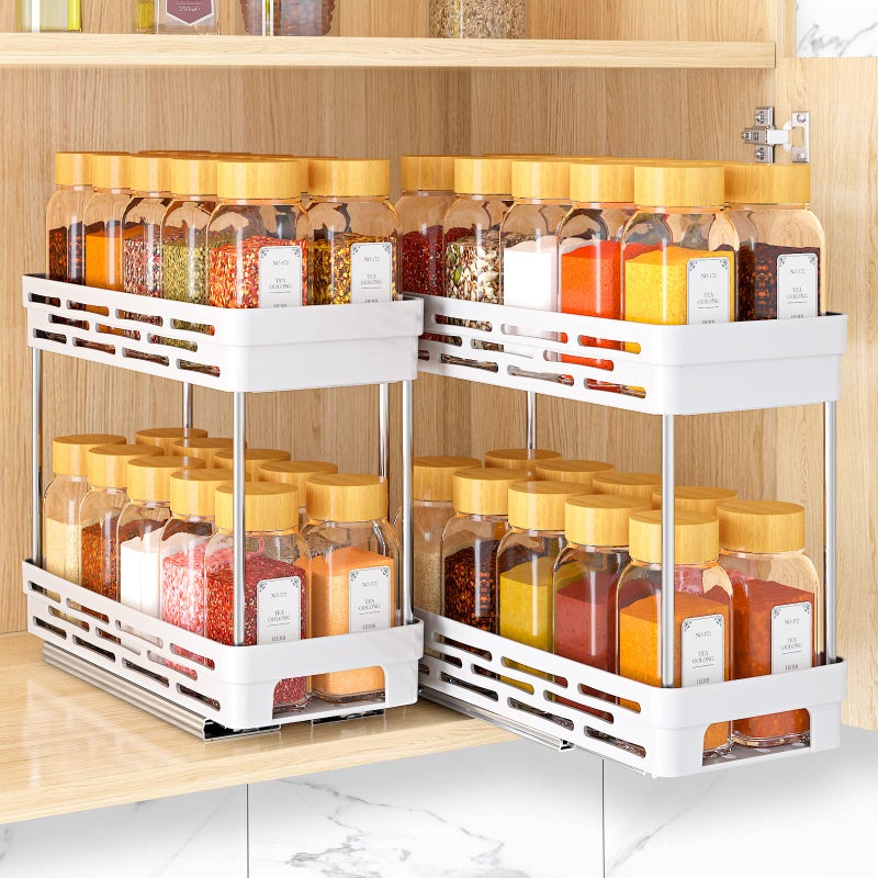 DABIGE Pull Out Spice Rack Organizer for Cabinet, 2 Pack Slide Out Spice Racks Organizer, Spice Cabinet Organizers, Cabinet Size Need:12'' Highx11'' Deepx5'' Wide,Hold 10 Spice Jar Each Tier-2Tier, White - Image 1