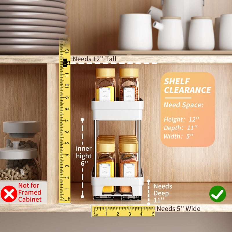 DABIGE Pull Out Spice Rack Organizer for Cabinet, 2 Pack Slide Out Spice Racks Organizer, Spice Cabinet Organizers, Cabinet Size Need:12'' Highx11'' Deepx5'' Wide,Hold 10 Spice Jar Each Tier-2Tier, White - Image 3