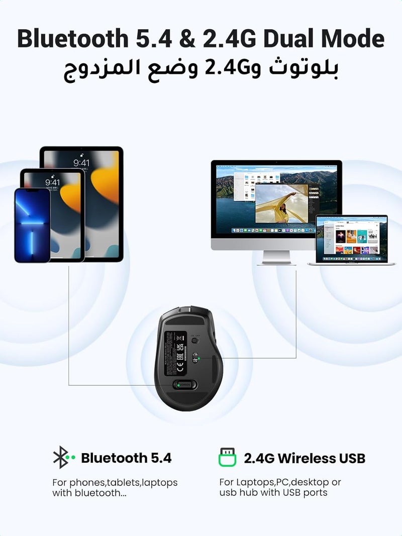 UGREEN Wireless Mouse (Bluetooth5.4+2.4GHz) ，Rechargeable, Long Battery Life, Ergonomic Silent Mouse, 6 Buttons with 5 Adjustable 4000 DPI, Compatible with Windows, macOS, iOS, Android, Linux - Image 3