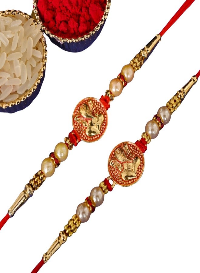Poorak Religious Assorted Combo – 2 Rakhi, Greeting Card & Roli Chawal - Image 1