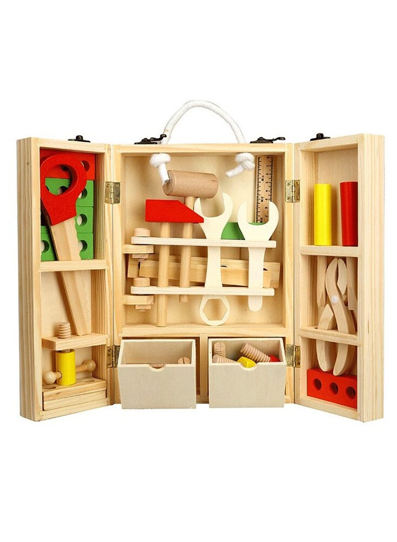 Kids Wooden Toolbox Pretend Play Set Tool Kit For Kids Wooden Tool Box Wooden Tools Building Toy Set Creative DIY Educational Construction Toy Stem Toy For Toddlers Boys Girls  - Image 1