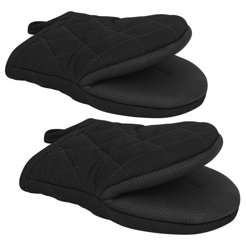 Qulable 1 Pair Short Oven Mitts Silicone Kitchen Oven Gloves High Heat Resistant 500 Mini Oven Mits with NonSlip Grip Surfaces and Hanging Loop for BBQ Baking Cooking and Grilling Black