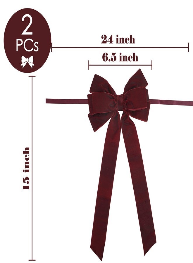AIMUDI Burgundy Velvet Bows - 6.5" x 15" Christmas Bows for Gift Wrapping, Tree, Wreath, Garland, Staircase, Home & Outdoor Winter Decorations, 2 PCs - Image 2