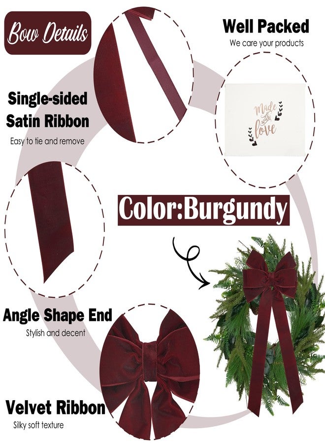 AIMUDI Burgundy Velvet Bows - 6.5" x 15" Christmas Bows for Gift Wrapping, Tree, Wreath, Garland, Staircase, Home & Outdoor Winter Decorations, 2 PCs - Image 3