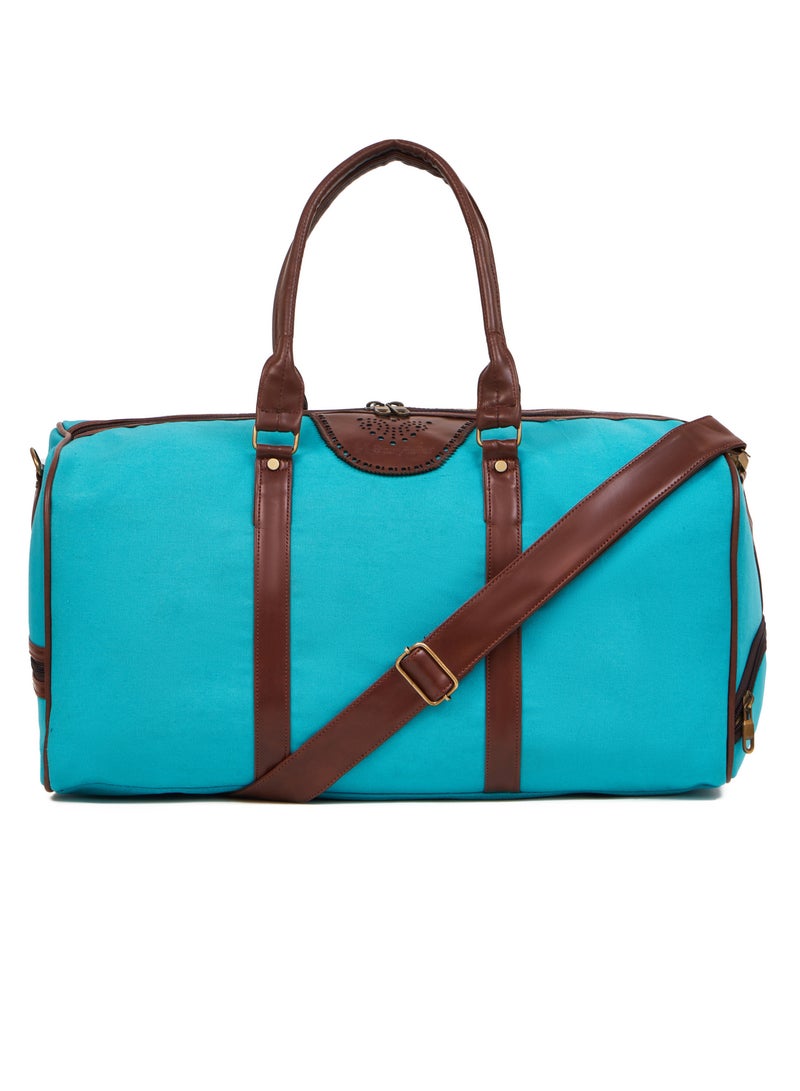 STORYTELLER Paisley Elegant Canvas With Faux  Leather Travel Duffel Bag With Shoes Compartment For Men and Women Aqua - Image 1