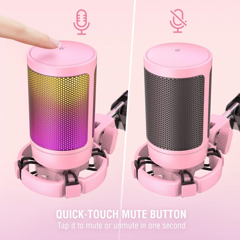 FIFINE مجموعة ميكروفون USB للألعاب من FIFINE، ميكروفون RGB لتسجيل البث المباشر على الكمبيوتر، مجموعة ميكروفون للبودكاست، الغناء، يوتيوب، ميكروفون مكثف كارديويد مع كتم سريع، زر ضبط الصوت - A6T وردي - Image 2