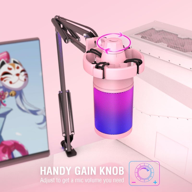 FIFINE مجموعة ميكروفون USB للألعاب من FIFINE، ميكروفون RGB لتسجيل البث المباشر على الكمبيوتر، مجموعة ميكروفون للبودكاست، الغناء، يوتيوب، ميكروفون مكثف كارديويد مع كتم سريع، زر ضبط الصوت - A6T وردي - Image 4