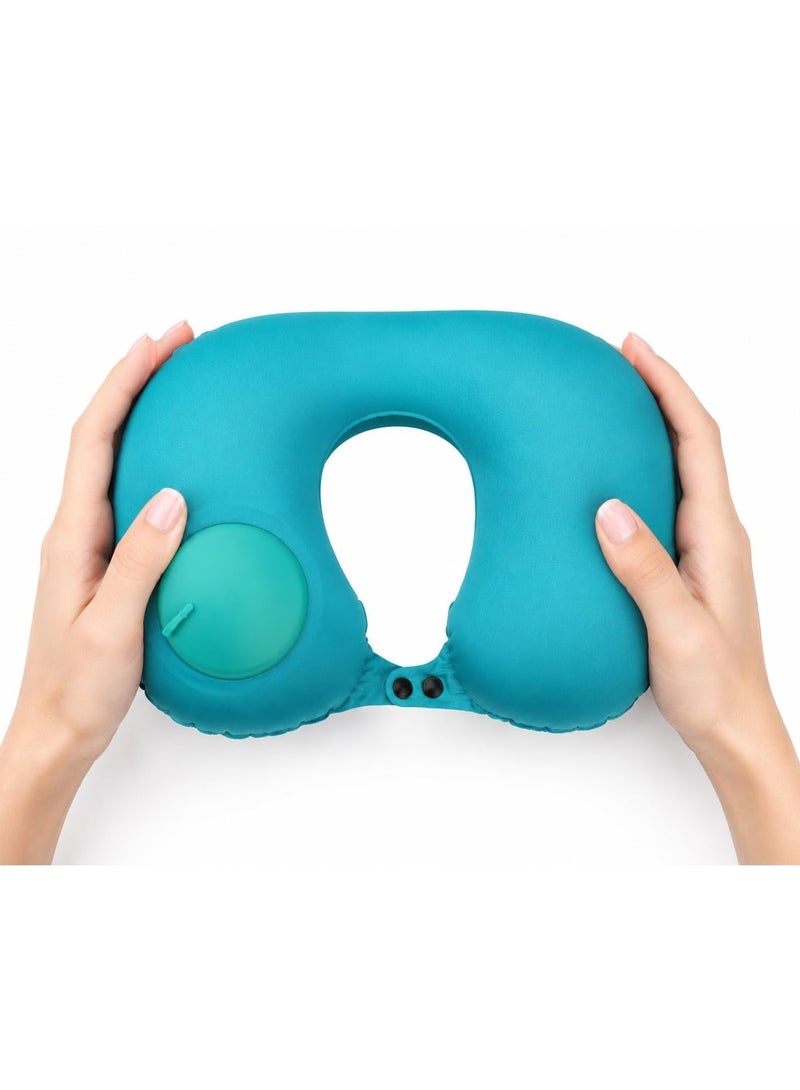 Kimaya Ergonomic Inflatable Travel Neck Pillow With Built-In Push Pump For Airplane And Car, Robin's Egg Blue - Image 5