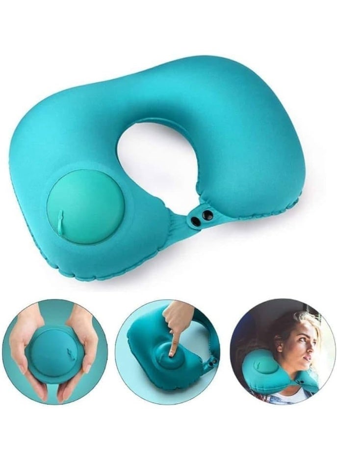 Kimaya Ergonomic Inflatable Travel Neck Pillow With Built-In Push Pump For Airplane And Car, Robin's Egg Blue - Image 1