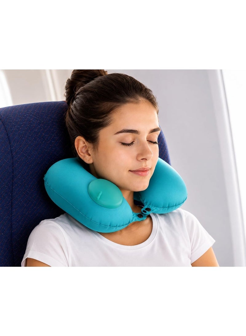 Kimaya Ergonomic Inflatable Travel Neck Pillow With Built-In Push Pump For Airplane And Car, Robin's Egg Blue - Image 4