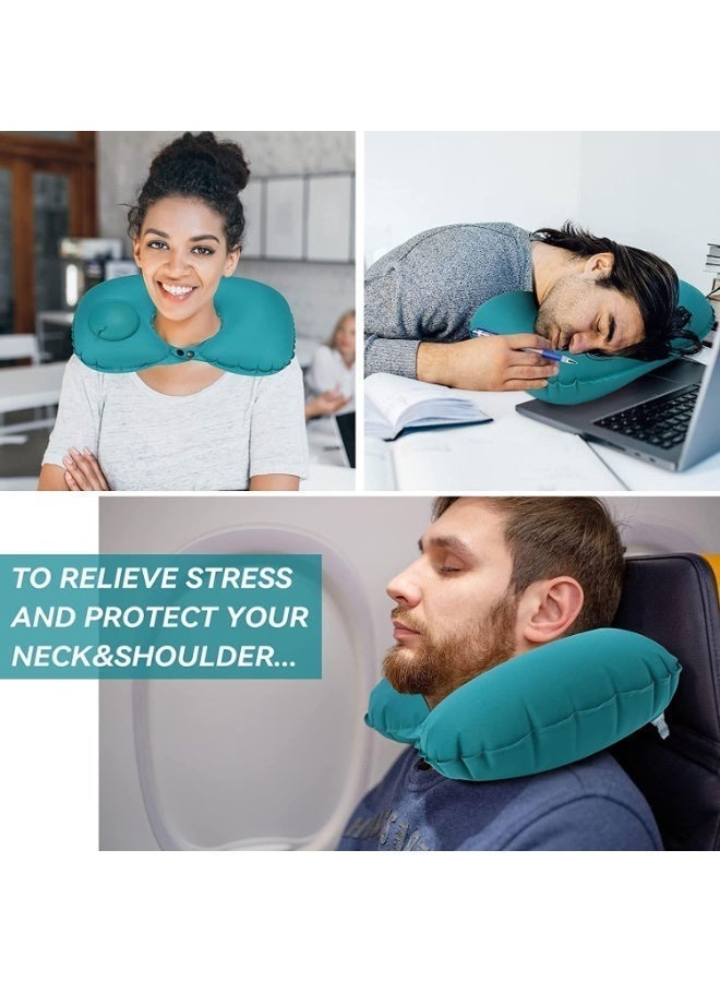 Kimaya Ergonomic Inflatable Travel Neck Pillow With Built-In Push Pump For Airplane And Car, Robin's Egg Blue - Image 2