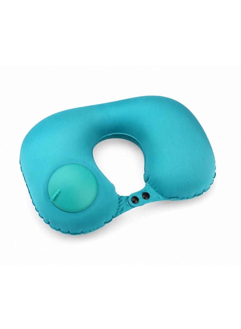 Kimaya Ergonomic Inflatable Travel Neck Pillow With Built-In Push Pump For Airplane And Car, Robin's Egg Blue - Image 3