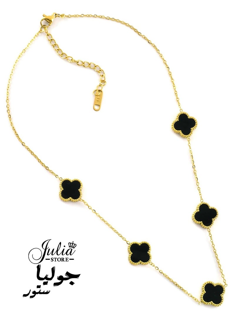Julia Store 18K Gold Plated Stainless Steel Love Trendy Luxury Lucky Four Leaf Link Clover Choker Necklace for Women Necklace Jewelry Gifts for Women - Black - Image 1