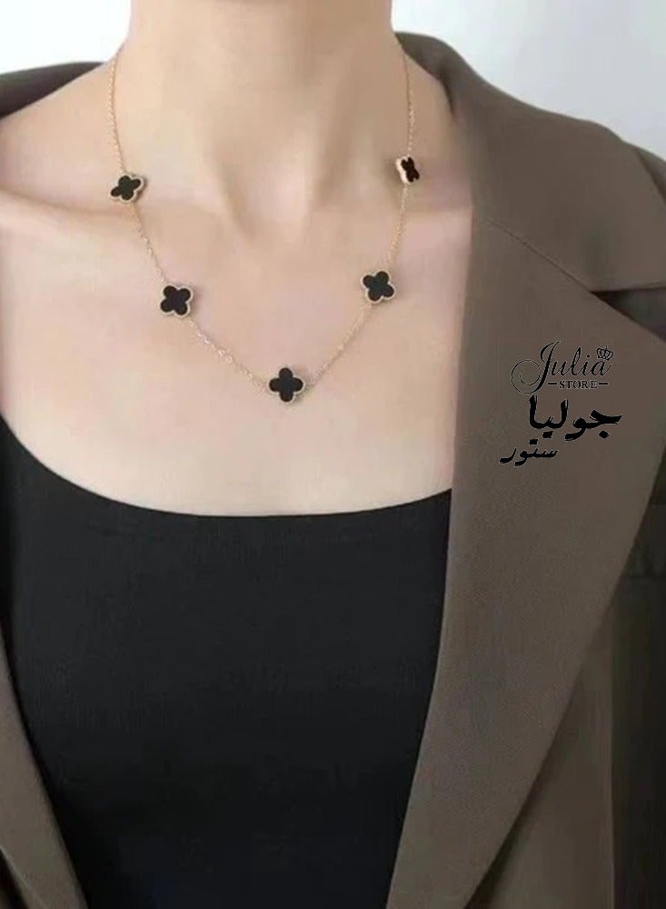 Julia Store 18K Gold Plated Stainless Steel Love Trendy Luxury Lucky Four Leaf Link Clover Choker Necklace for Women Necklace Jewelry Gifts for Women - Black - Image 2