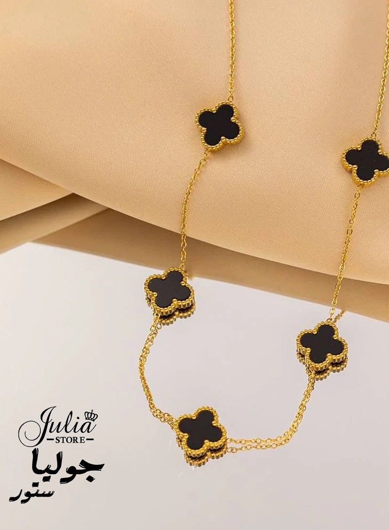 Julia Store 18K Gold Plated Stainless Steel Love Trendy Luxury Lucky Four Leaf Link Clover Choker Necklace for Women Necklace Jewelry Gifts for Women - Black - Image 4