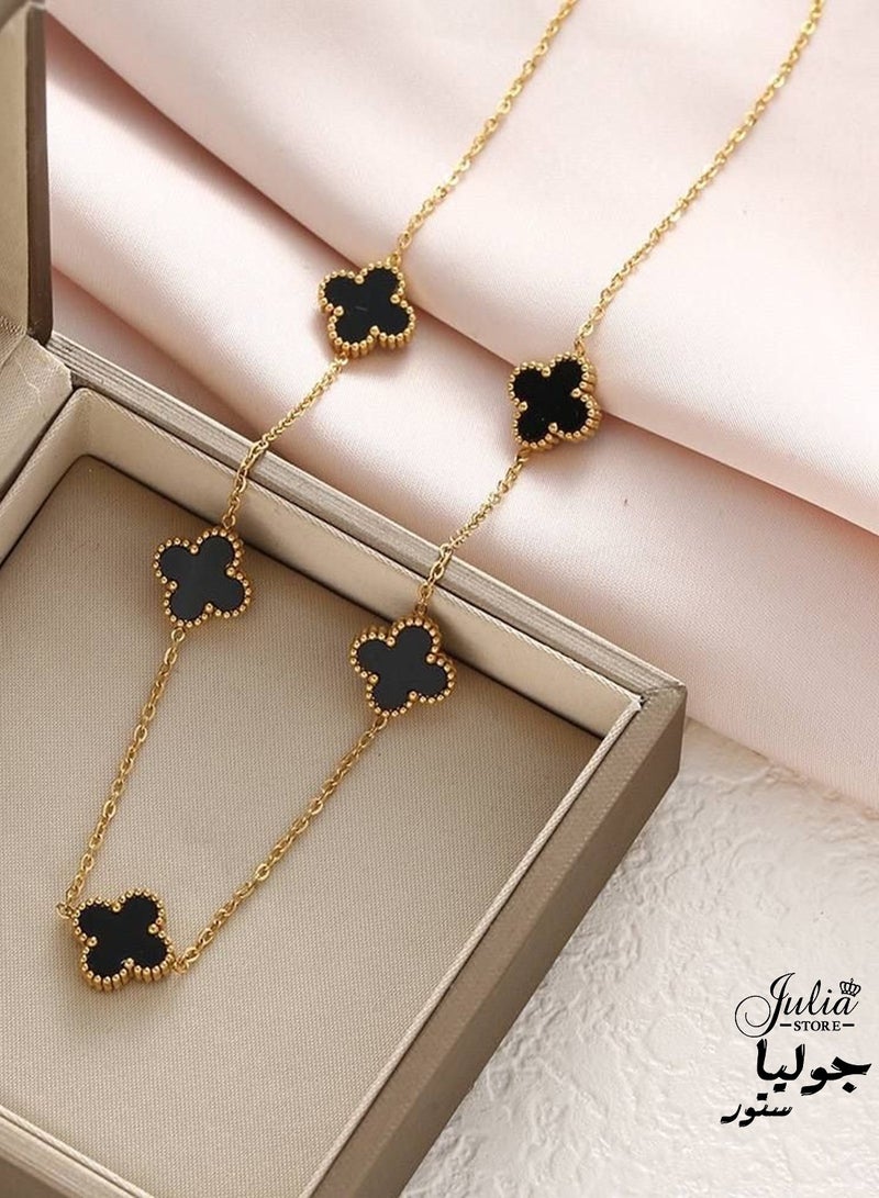 Julia Store 18K Gold Plated Stainless Steel Love Trendy Luxury Lucky Four Leaf Link Clover Choker Necklace for Women Necklace Jewelry Gifts for Women - Black - Image 5