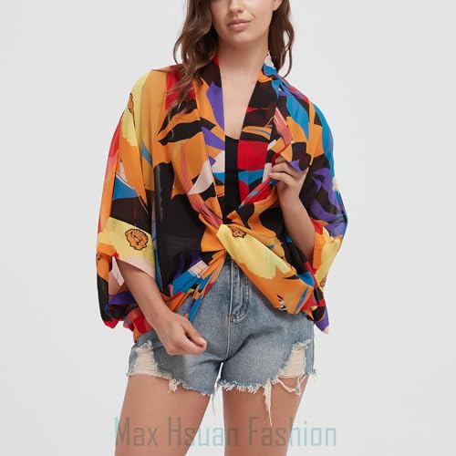 Max Hsuan Women's Loose Print Sheer Chiffon Kimono Beach Swim Cover up Cardigan Capes - Image 2