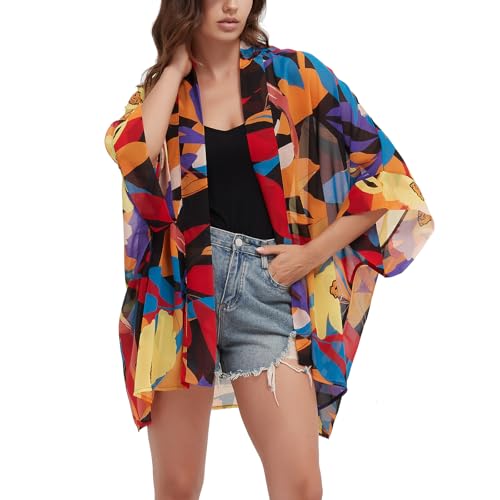 Max Hsuan Women's Loose Print Sheer Chiffon Kimono Beach Swim Cover up Cardigan Capes - Image 1