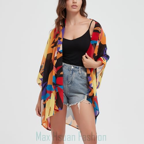Max Hsuan Women's Loose Print Sheer Chiffon Kimono Beach Swim Cover up Cardigan Capes - Image 4