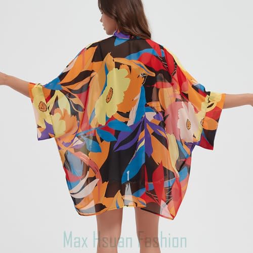 Max Hsuan Women's Loose Print Sheer Chiffon Kimono Beach Swim Cover up Cardigan Capes - Image 5