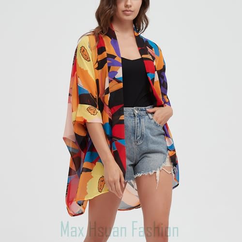 Max Hsuan Women's Loose Print Sheer Chiffon Kimono Beach Swim Cover up Cardigan Capes - Image 3