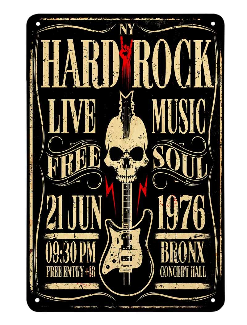AOYEGO Hard Rock Poster Tin Sign,Rock Roll Music with Skull Guitar Vintage Metal Tin Signs for Cafes Bars Pubs Shop Wall Decorative Funny Retro Signs for Men Women 8x12 Inch - Image 1