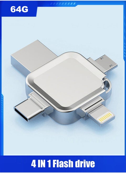 USB Flash Drive USB 3.0 64GB Memory Flash 4 in 1 Multipurpose Type-C External Storage, for Android Smart phones, iPhone, iPad, MacBook, Laptop, Silver